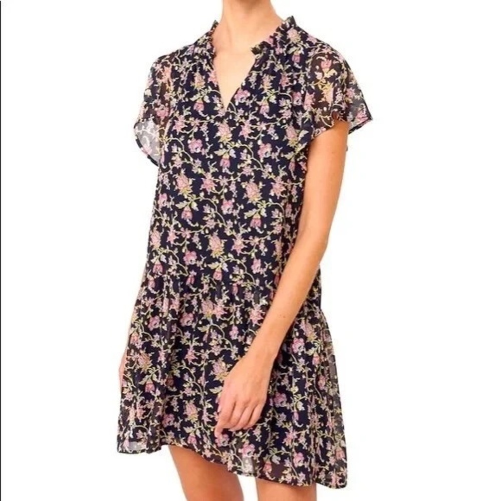 LOFT Navy Floral Ruffle Flutter Sleeve Drop Waist Mini Dress M